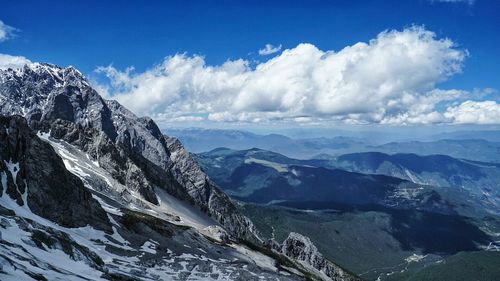 Scenic view of mountains against cloudy sky