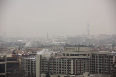 High angle view of buildings in city against sky