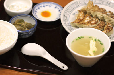 High angle view of meal served on table