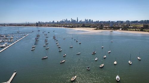 High angle view of boats in sea