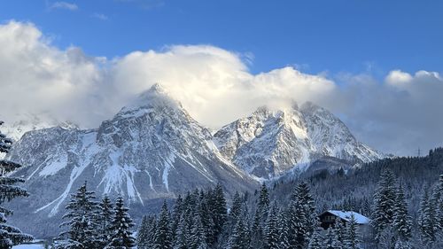 Panoramic view of snowcapped mountains against sky