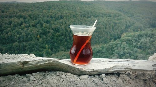 Close-up of tea in glass against landscape