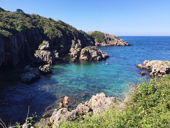 Scenic view of sea against clear blue sky