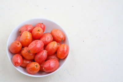 High angle view of strawberries in bowl