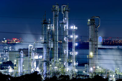 Illuminated factory against sky at night