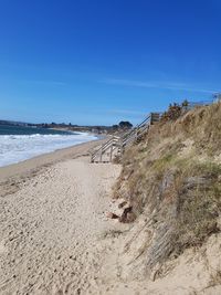 Scenic view of beach against clear blue sky