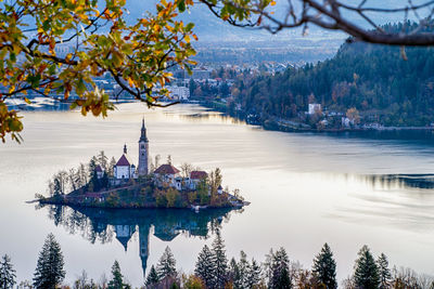 Scenic view of lake with trees in background