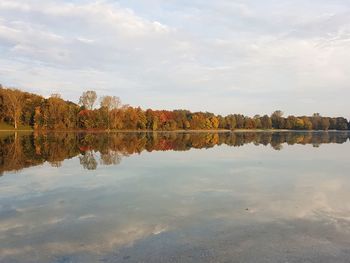 Reflection of trees in lake against sky