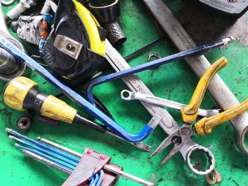 High angle view of work tools on table