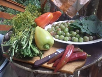 High angle view of vegetables on cutting board