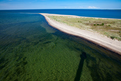 Scenic view of sea and  sand split against sky