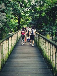 Rear view of people walking on footbridge in forest