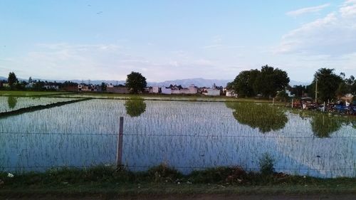 Scenic view of lake by building against sky