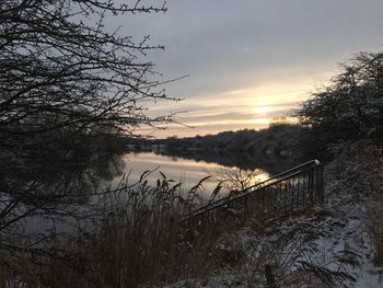 Silhouette trees by lake against sky during sunset