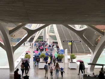 High angle view of people walking in city