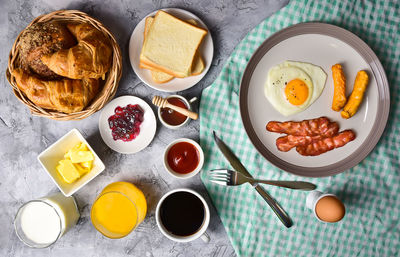 High angle view of breakfast on table