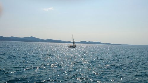 Sailboat sailing on sea against clear sky