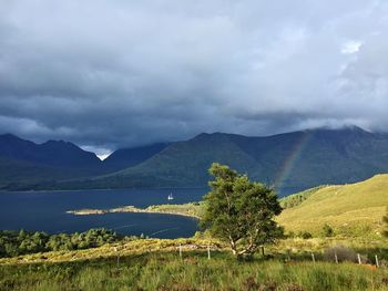 Scenic view of mountains against cloudy sky