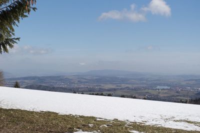 Scenic view of landscape against sky during winter