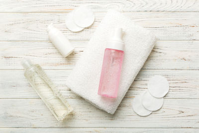 High angle view of beauty products on table