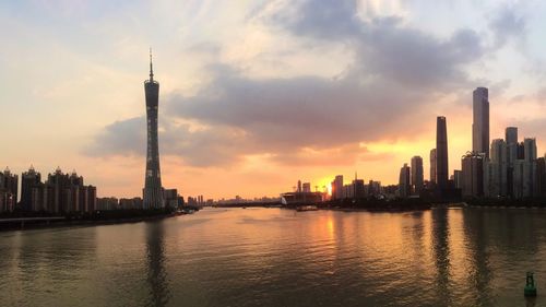 View of buildings in city during sunset