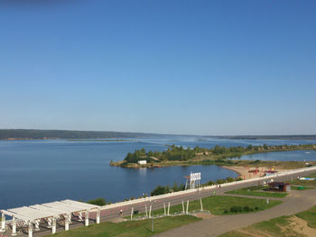 Scenic view of sea against clear blue sky