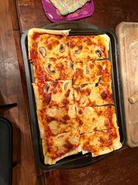 High angle view of pizza on table