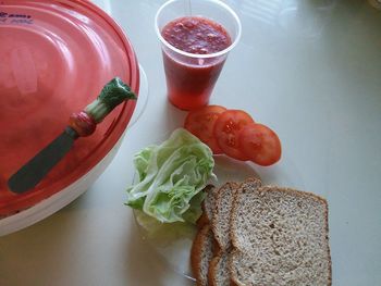 High angle view of breakfast served on table