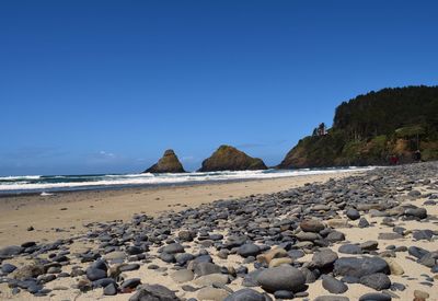 Scenic view of beach against clear blue sky