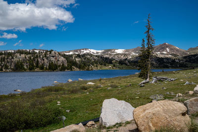 Scenic view of lake against blue sky