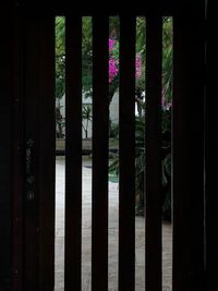 Close-up of metal fence against building