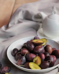 High angle view of fruits in bowl on table