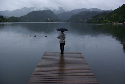 Rear view of man on lake against sky