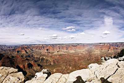 High angle view of eroded rock mountains against sky