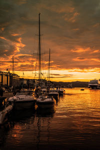 Sailboats moored in harbor at sunset