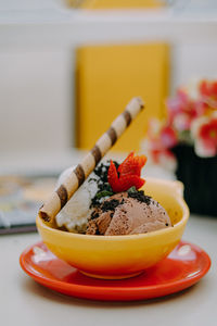 Close-up of dessert in bowl on table