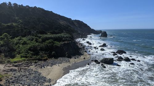 Scenic view of rocks on beach against sky