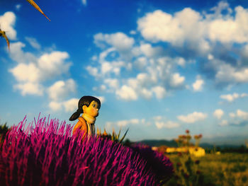 Close-up of purple toy on field against sky