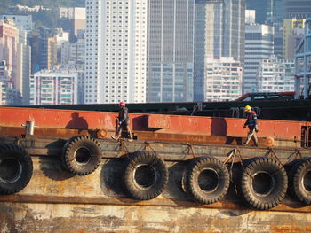 High angle view of men in city