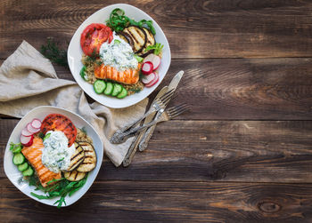 High angle view of breakfast on table