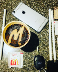 High angle view of coffee on table