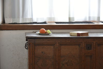 View of apple on wooden table