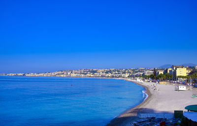 Scenic view of sea against clear blue sky