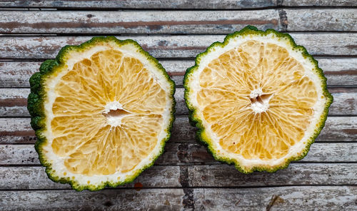 High angle view of lemon slices on table