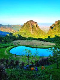 Scenic view of lake and mountains against clear sky