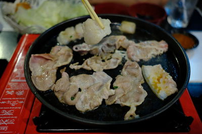 High angle view of meal served on table