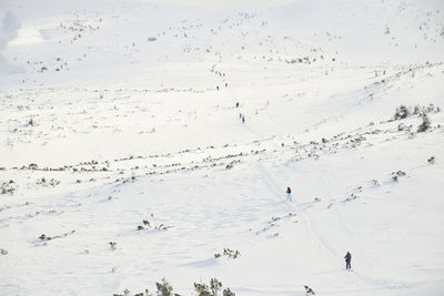 High angle view of people skiing on snowcapped mountain