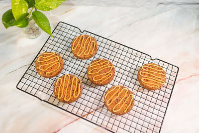 High angle view of cookies on table