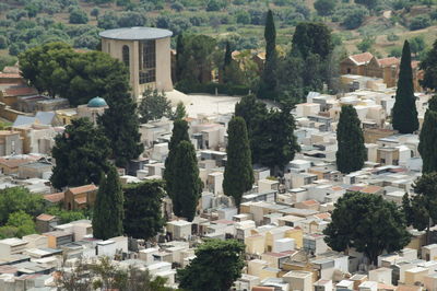 High angle view of buildings in town