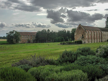 Scenic view of field by buildings against sky